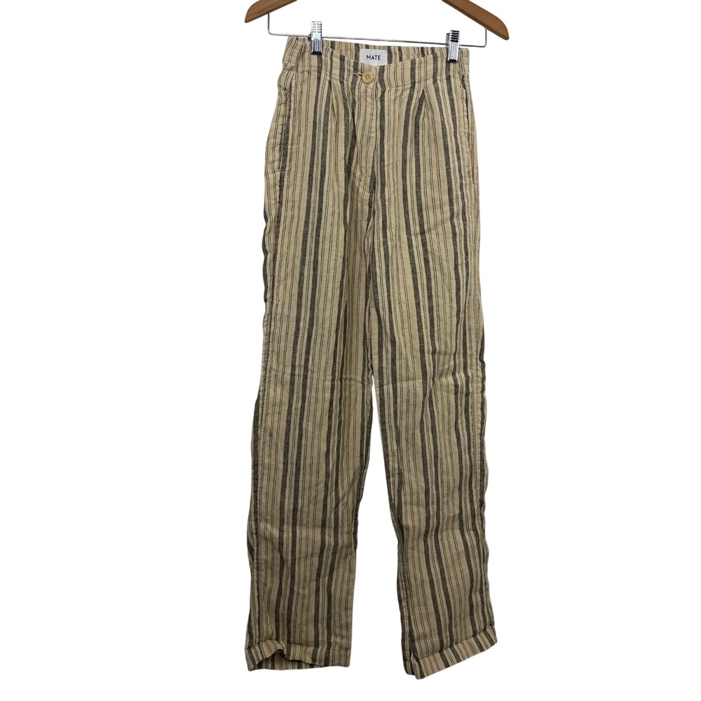 MATE Pants Womens XS Tan Striped Linen Blend Pleated Trousers High Rise Casual